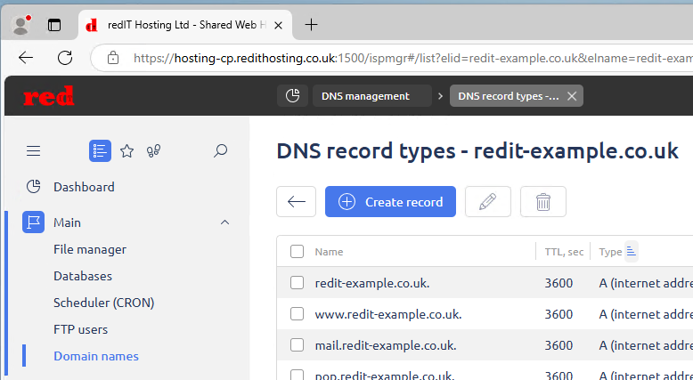Hosting Control Panel Add DNS Records highlighted