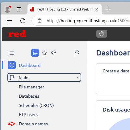 Hosting Control Panel Left Menu Domain Names Highlighted