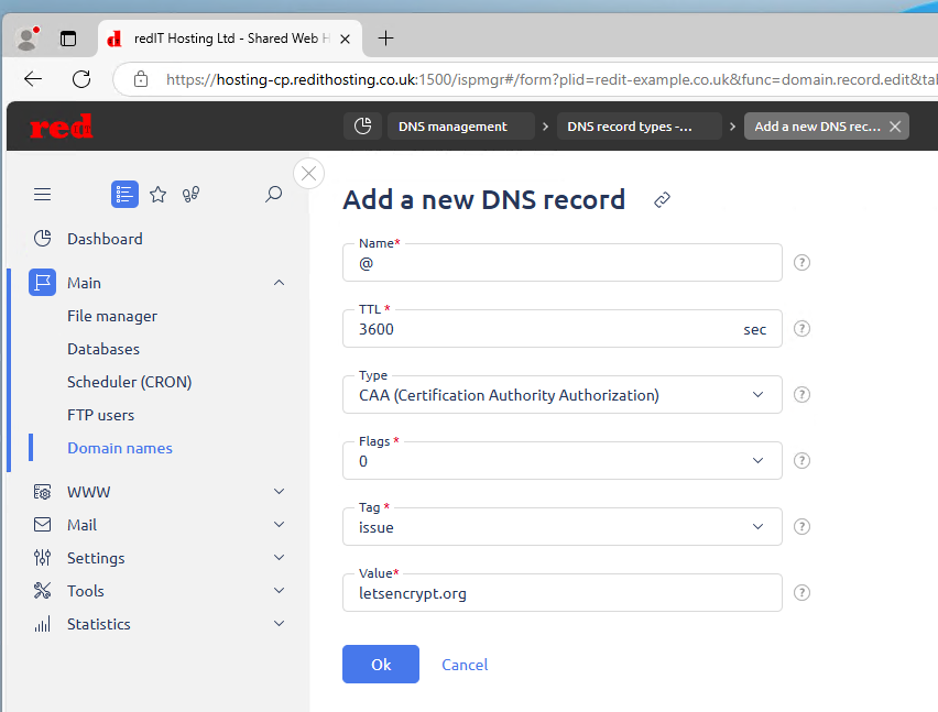 Hosting Control Panel Add DNS Records highlighted